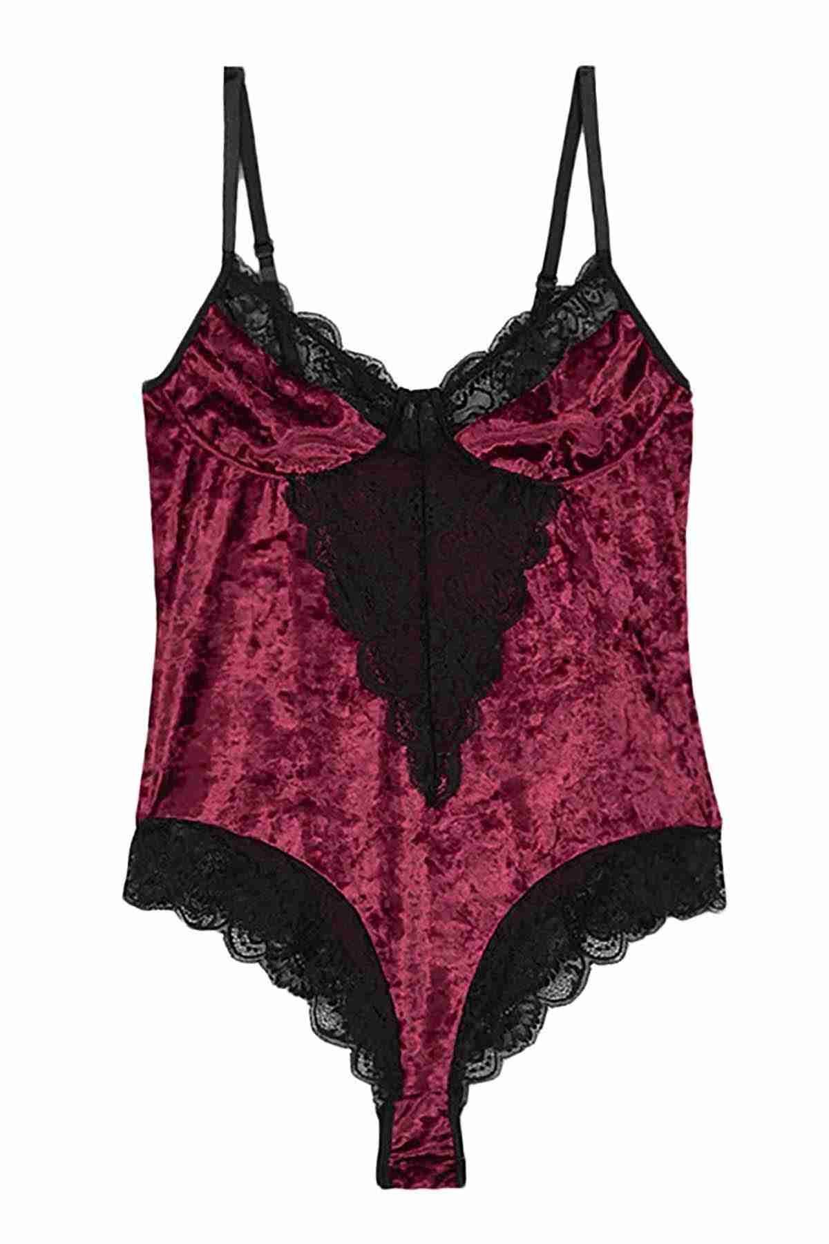 Kadife Bodysuit Gecelik Bordo - 10030.1834.