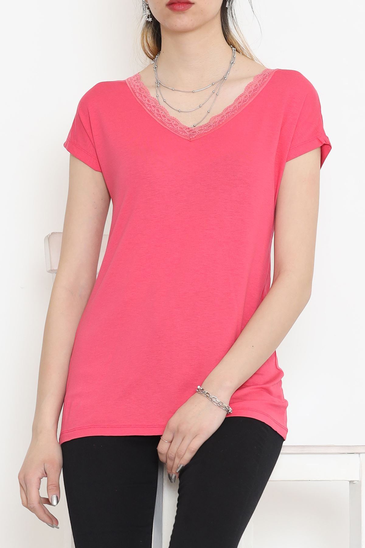 Yakası Dantelli Bluz Pembe - 11541.599.