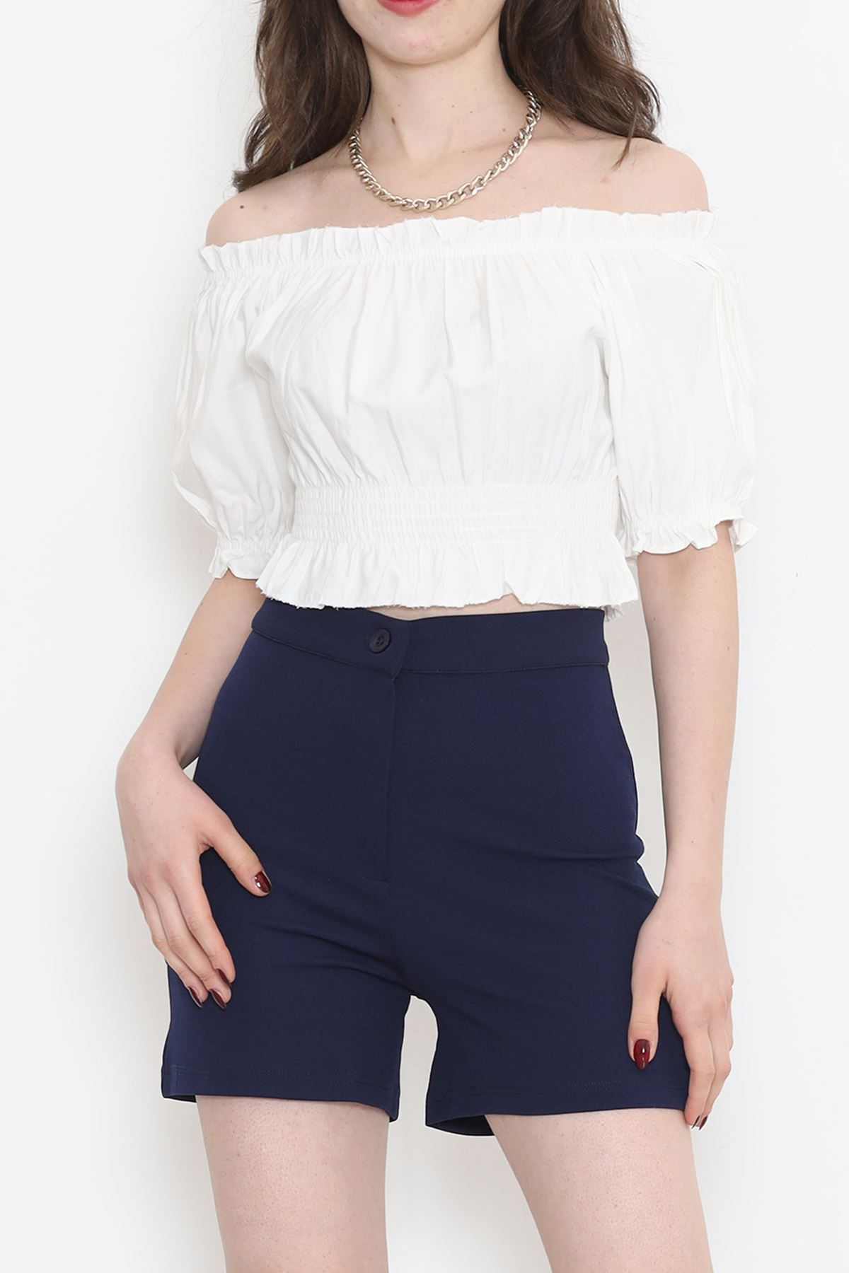 Bel Lastikli Crop Bluz Ekru - 18482.1153.