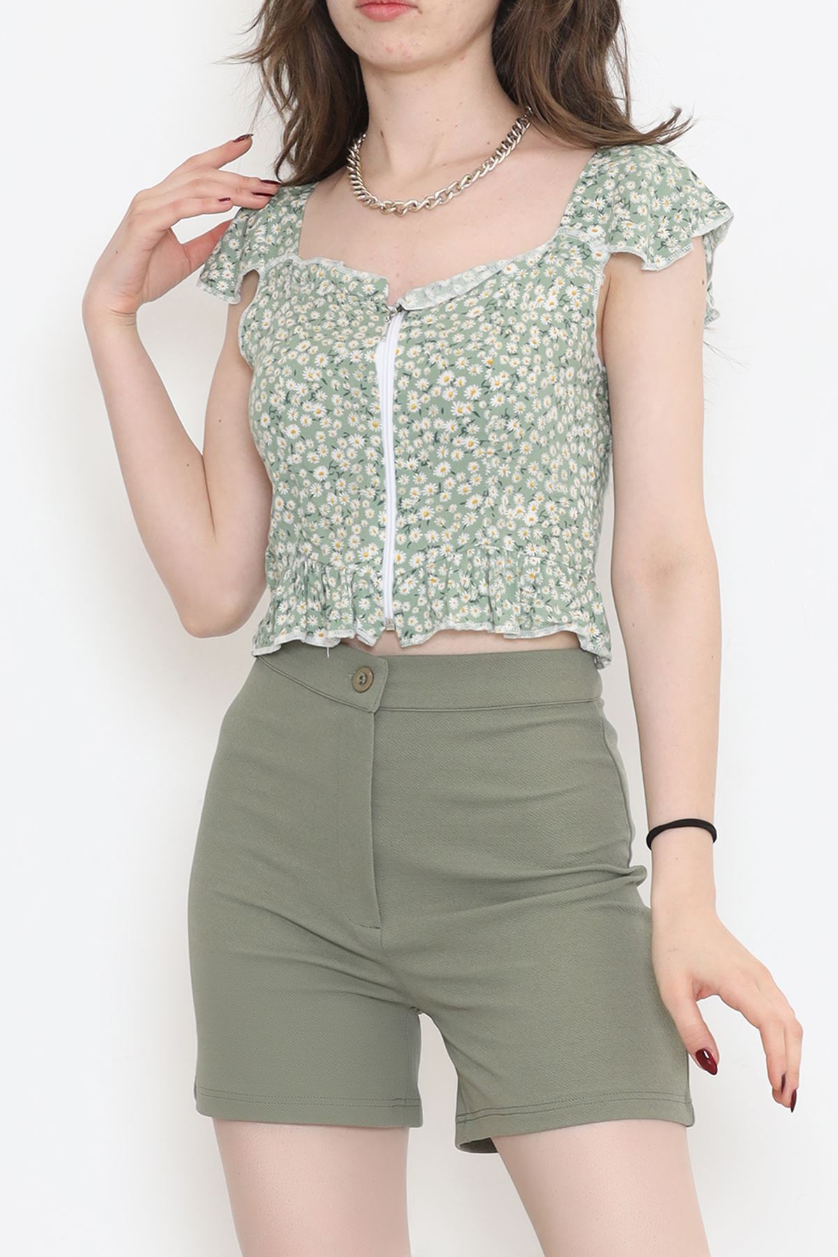 Fermuarlı Crop Bluz Mintçiçekli - 18473.1153.